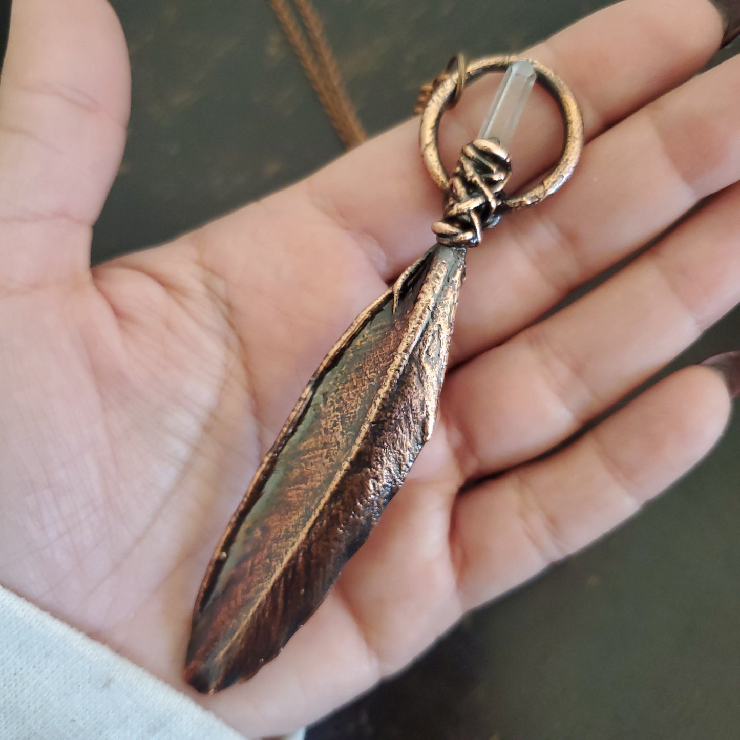 REAL Electroformed Feather- Moss Agate & Quartz