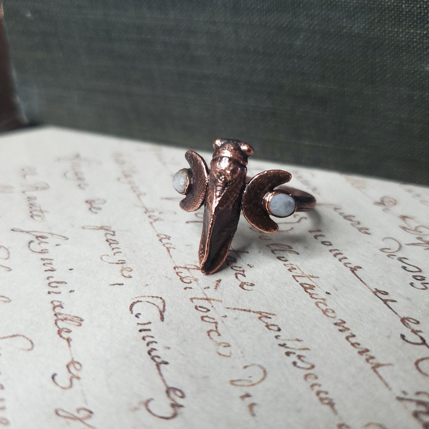 Summer Nights Collection - Mesquite Cicada and Moonstone Ring