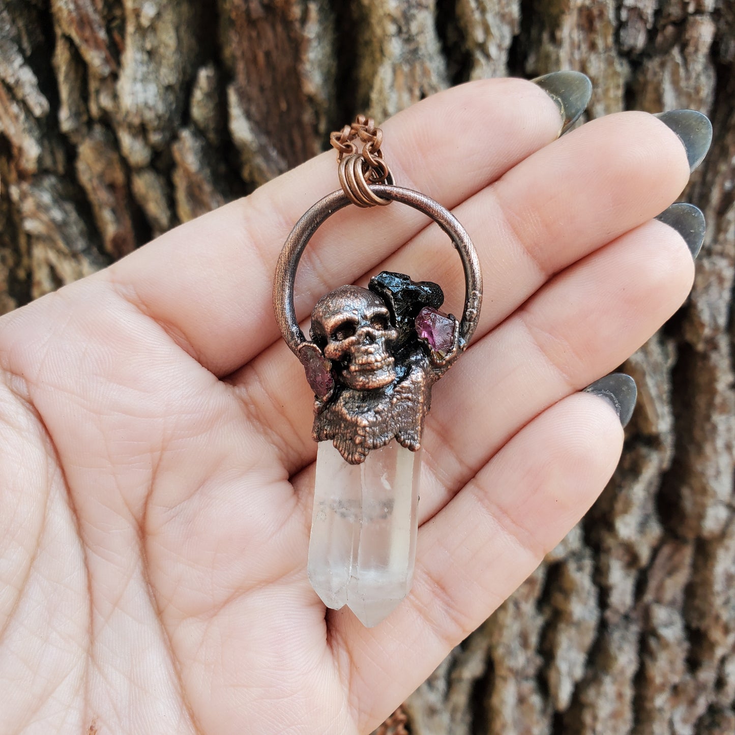 Skull Cluster Necklace - Black Tourmaline and Garnet