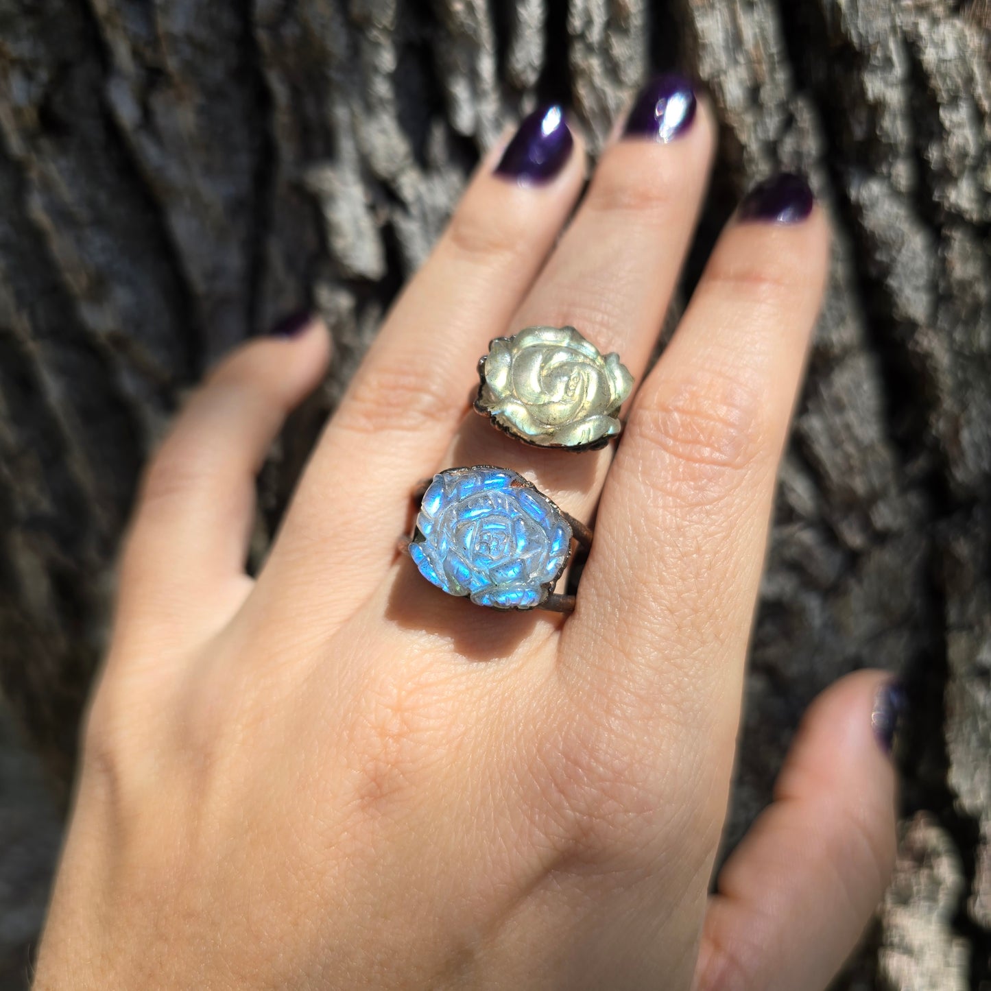 Carved Labradorite Flower Rings
