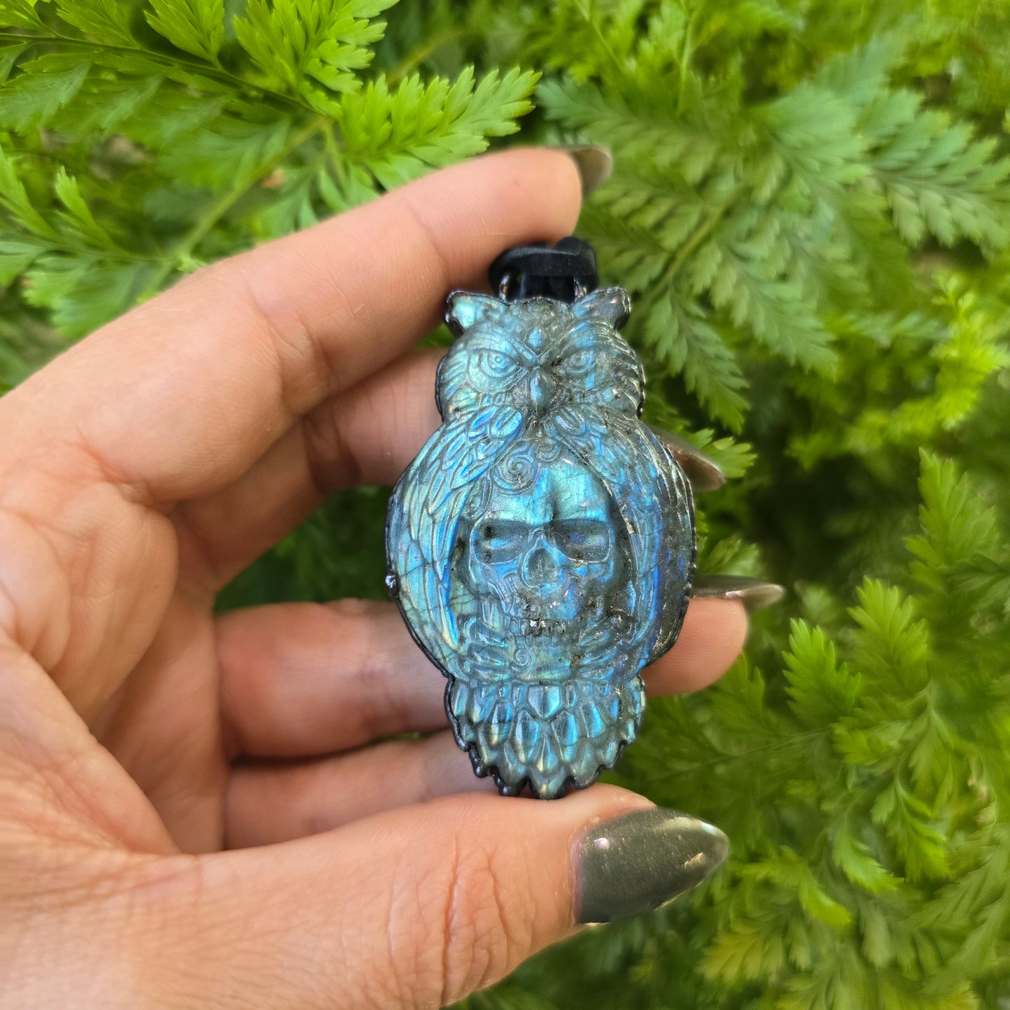 Carved Labradorite Owl & Skull