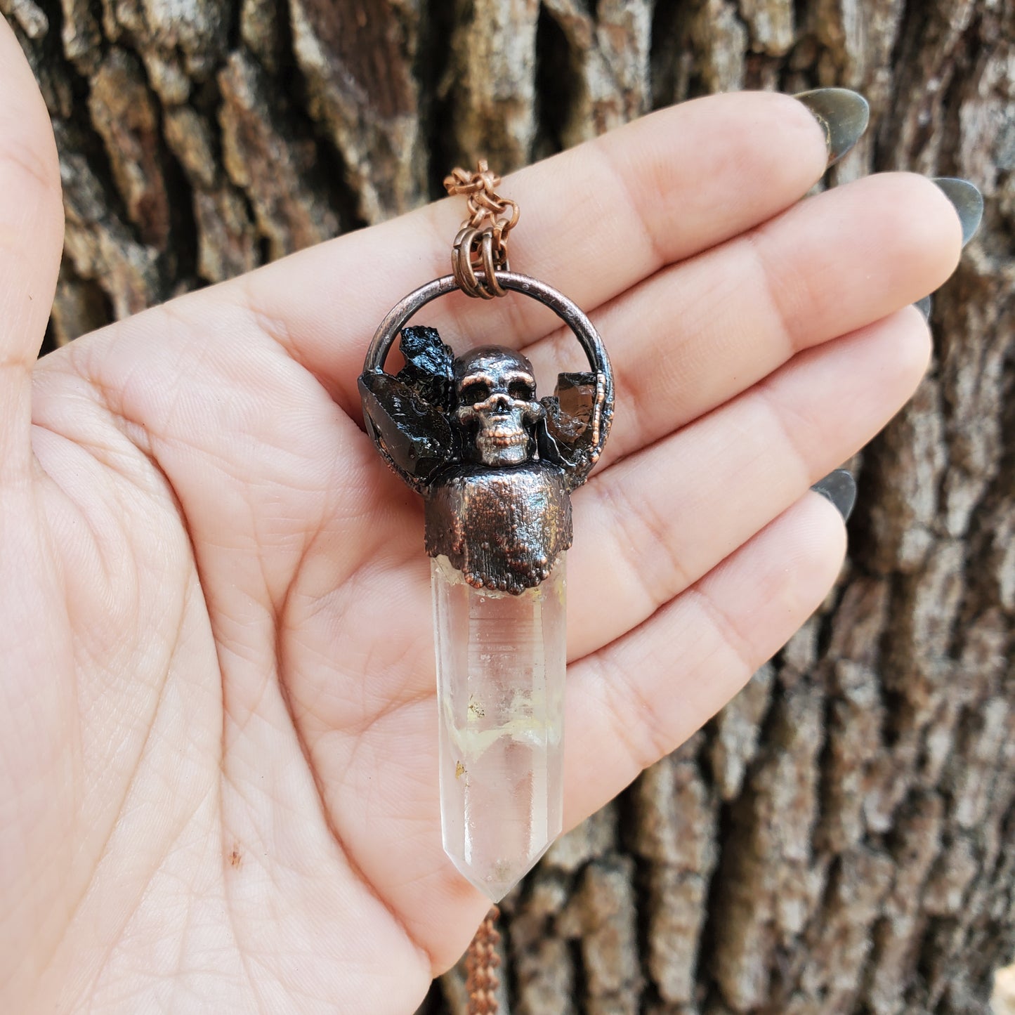 Skull Cluster Necklace - Obsidian, Smokey Quartz, Black Tourmaline