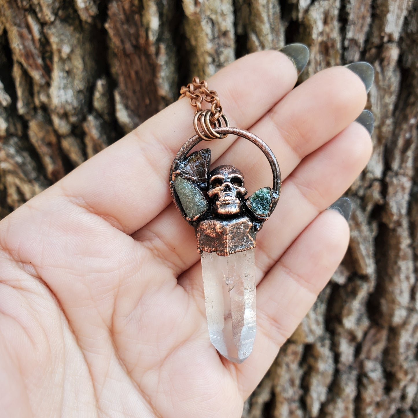 Skull Cluster Necklace - Amber, Green Aventurine, Emerald