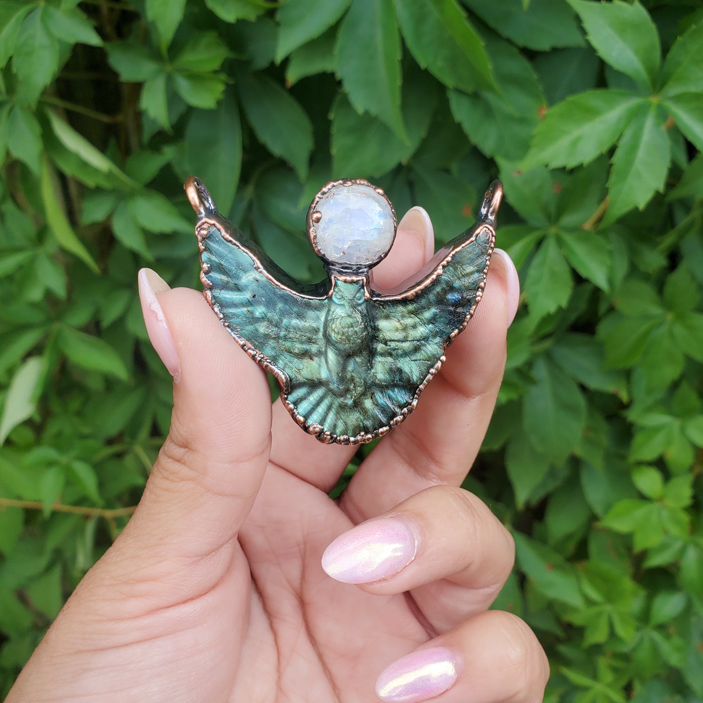 Labradorite and Moonstone Owl Necklace