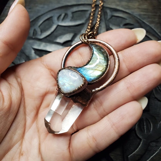 Labradorite, Moonstone, and Quartz Necklace