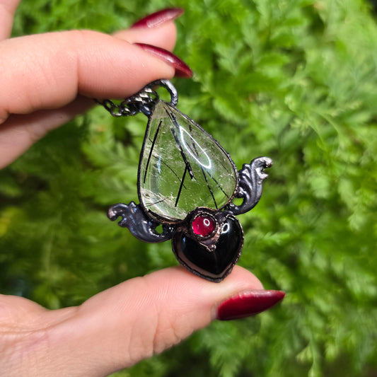 Tourmalated Quartz, Onyx, and Garnet Necklace