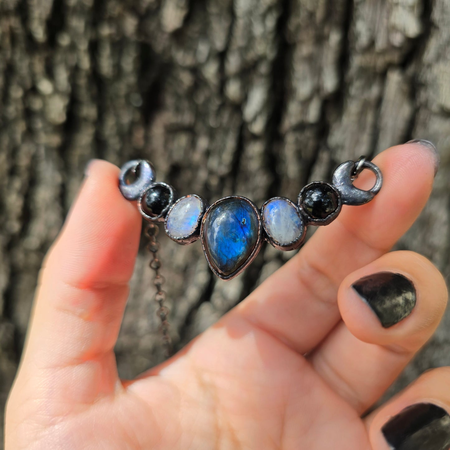 Blue Labradorite, Moonstone, & Onyx Necklace