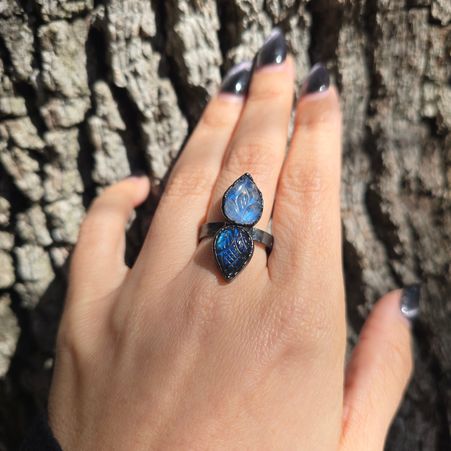 Carved Moonstone & Labradorite Ring