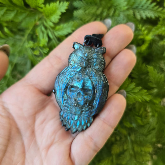 Carved Labradorite Owl & Skull