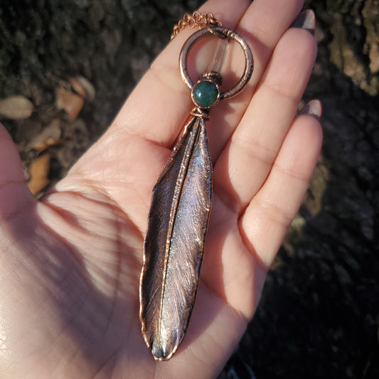REAL Electroformed Feather- Moss Agate & Quartz