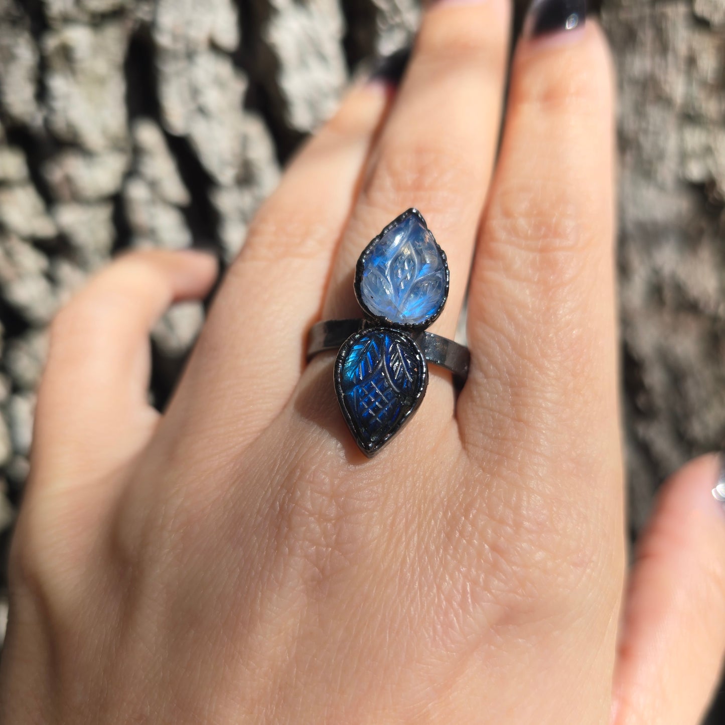 Carved Moonstone & Labradorite Ring