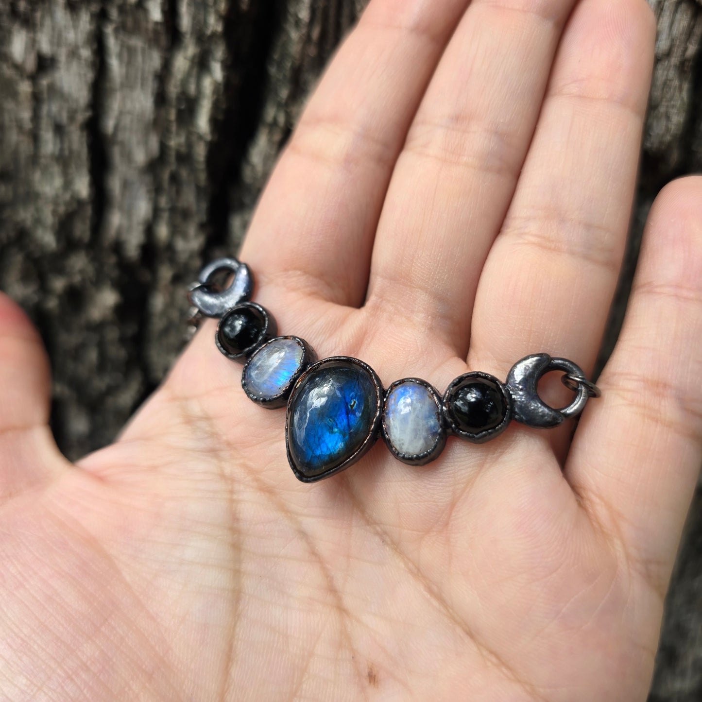 Blue Labradorite, Moonstone, & Onyx Necklace