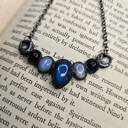 Blue Labradorite, Moonstone, & Onyx Necklace